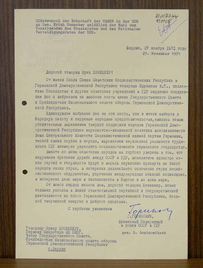 Glückwunschschreiben der Botschaft der UdSSR an Erich Honecker